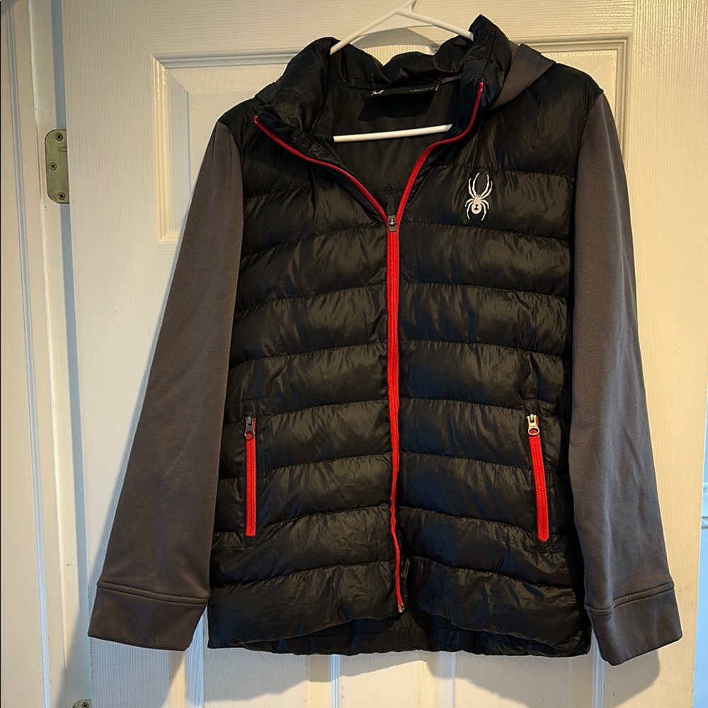 Spyder Kids Black and Gray Puffer Jacket with Red Accents